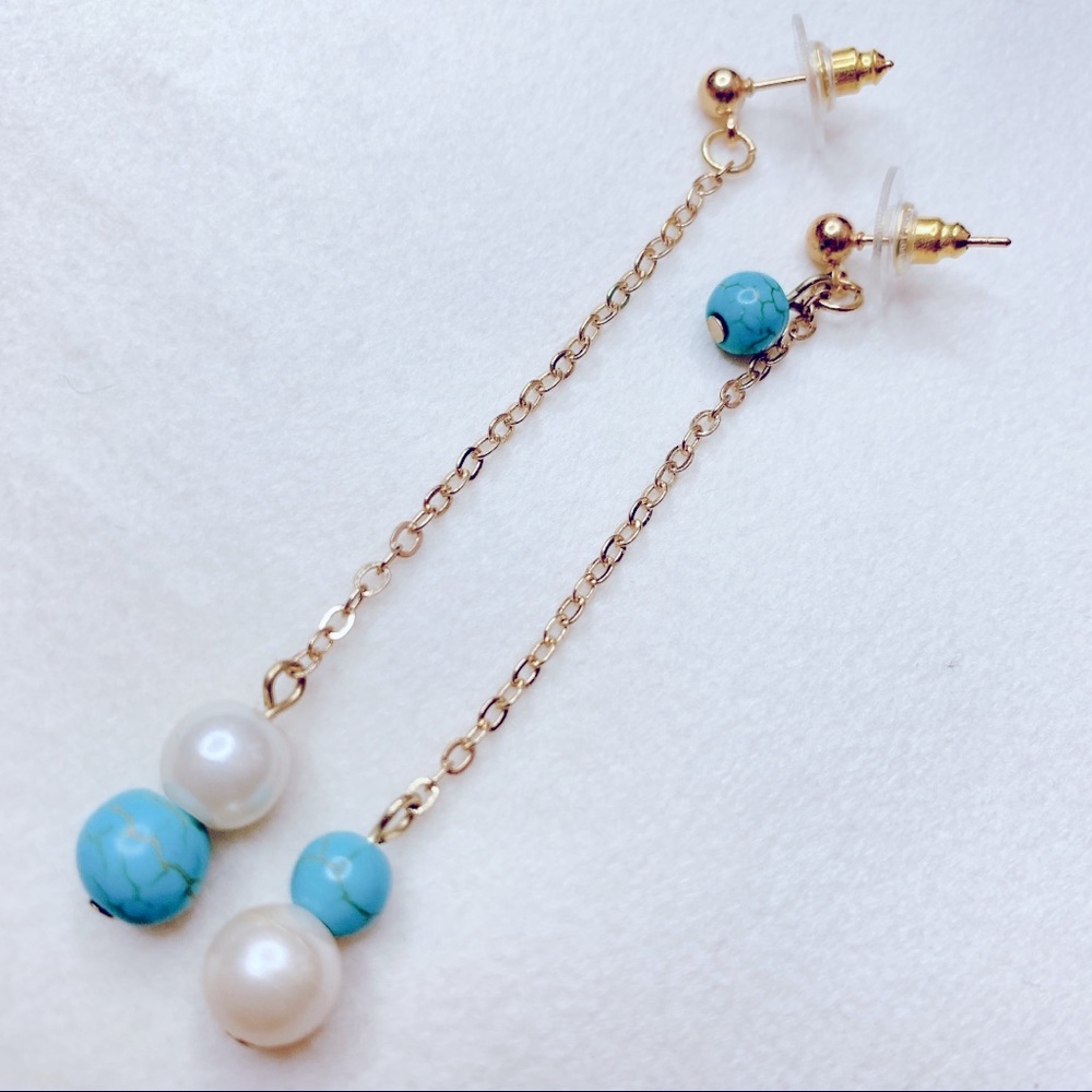 ❣️$25/3❣️ Turquoise Faux Pearl Long Dangle Earrings